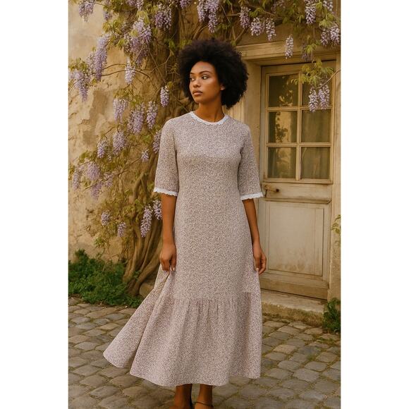 Vintage Purple Ditzy Floral Lace Scallop Collar Tiered Drop Waist Maxi Dress - Picture 1 of 9